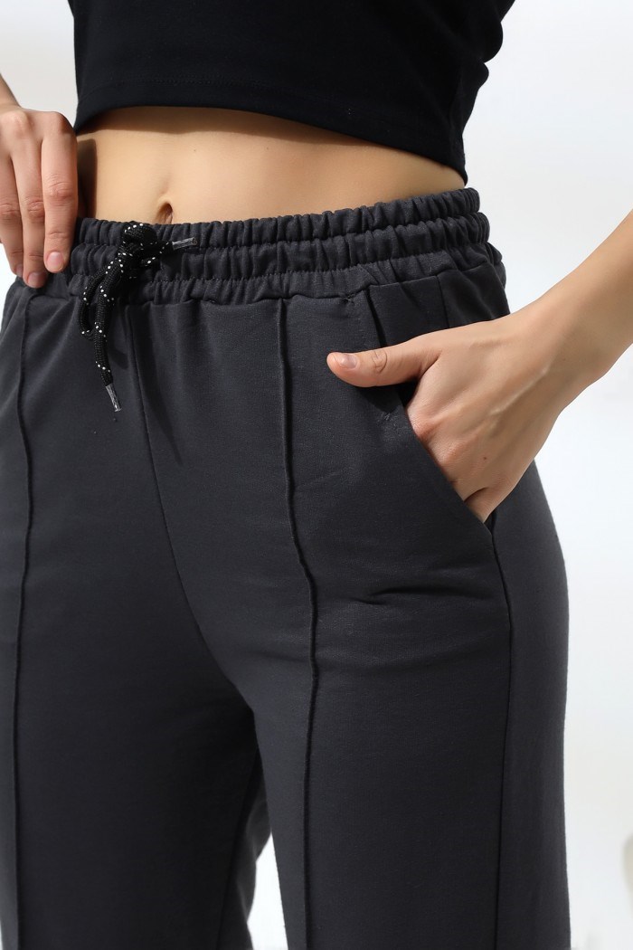 2 iplik önü çımalı paçası lastikli pantolon füme (koyu gri)