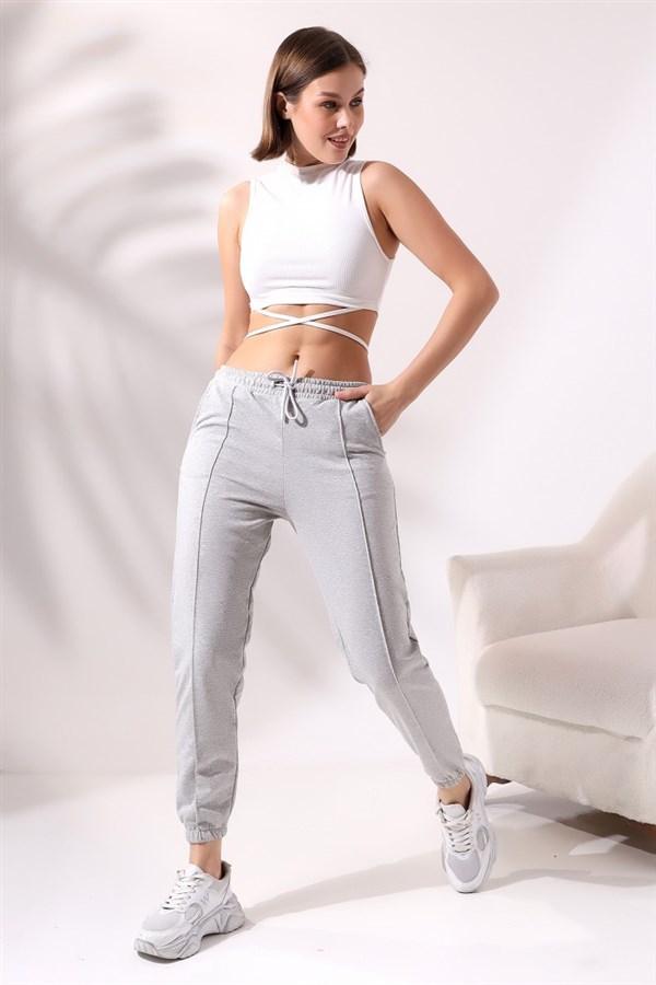 2 iplik önü çımalı lastikli paça pantolon