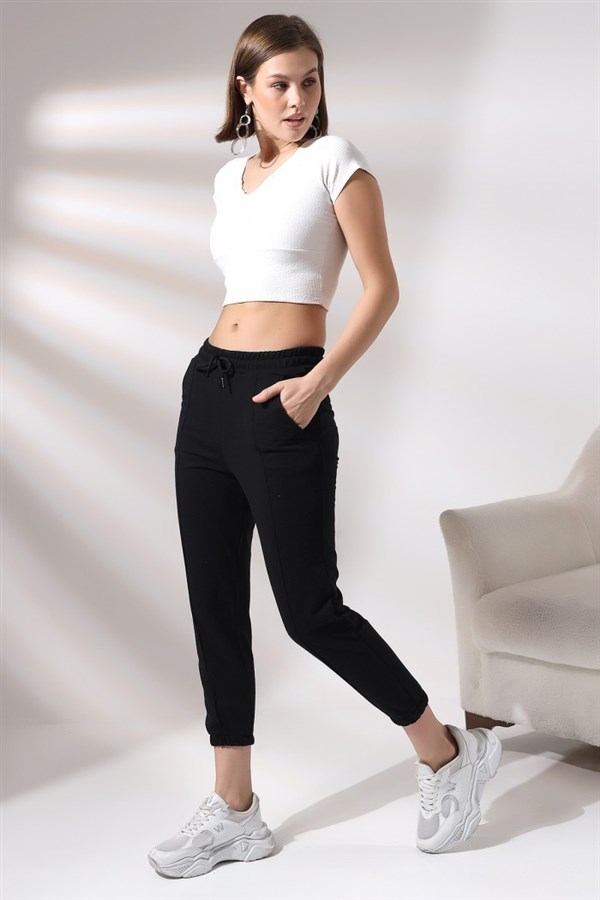 2 iplik önü çımalı lastikli paça pantolon