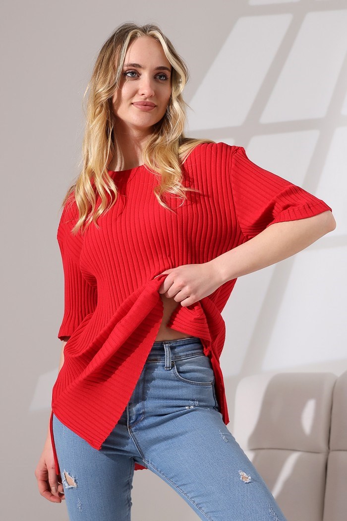 oversize yırtmaçlı bisiklet yaka tunik kırmızı