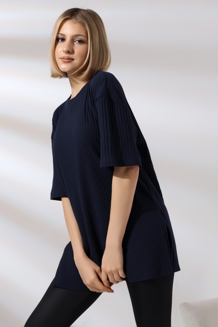 oversize yırtmaçlı bisiklet yaka tunik lacivert