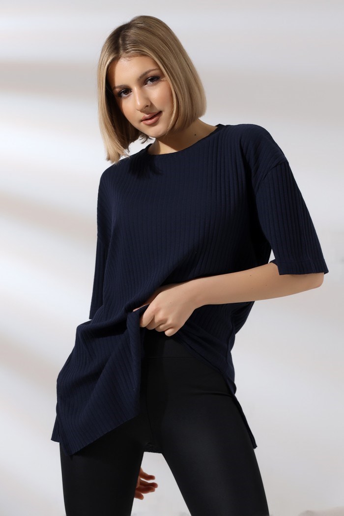oversize yırtmaçlı bisiklet yaka tunik lacivert