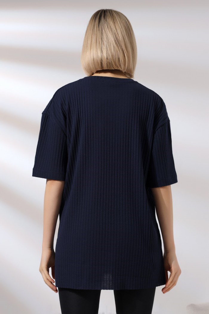 oversize yırtmaçlı bisiklet yaka tunik lacivert