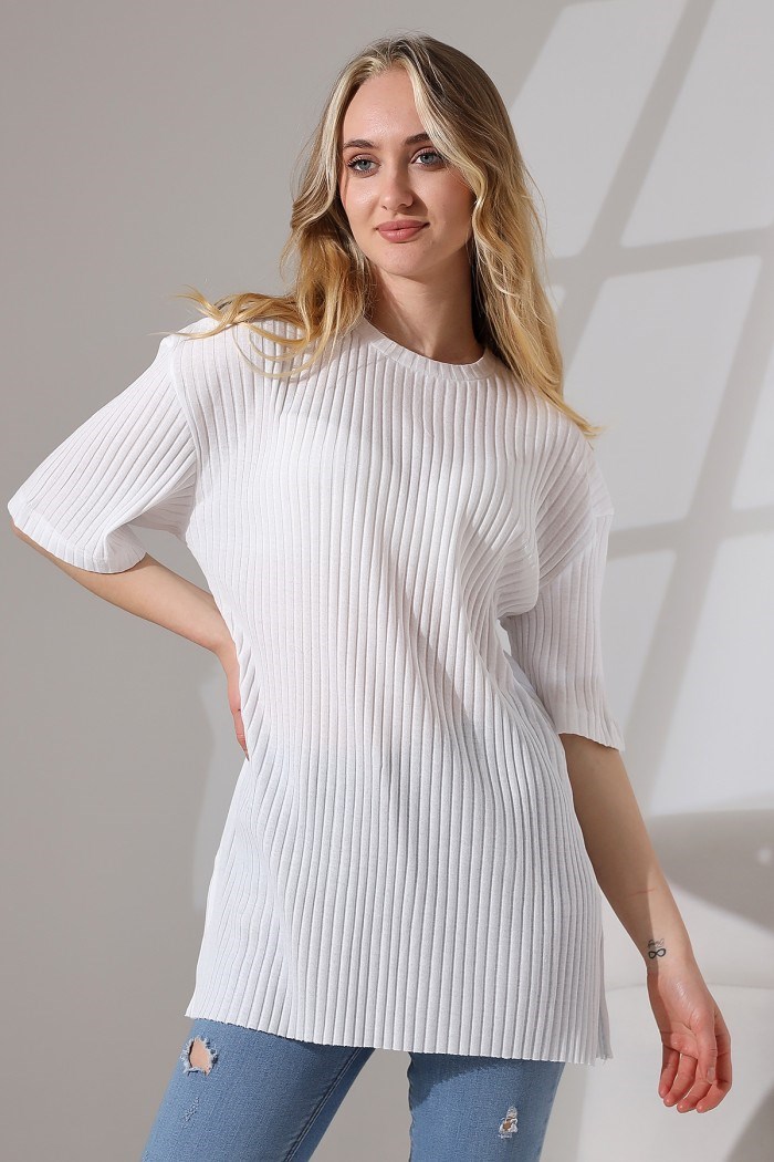 oversize yırtmaçlı bisiklet yaka tunik beyaz
