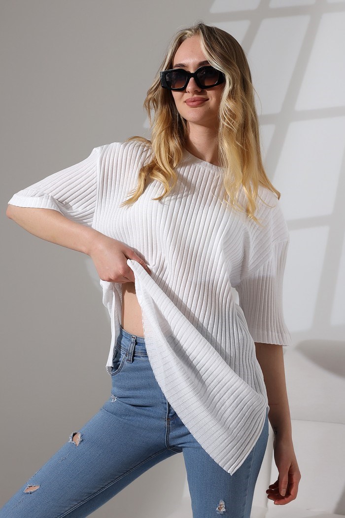 oversize yırtmaçlı bisiklet yaka tunik beyaz