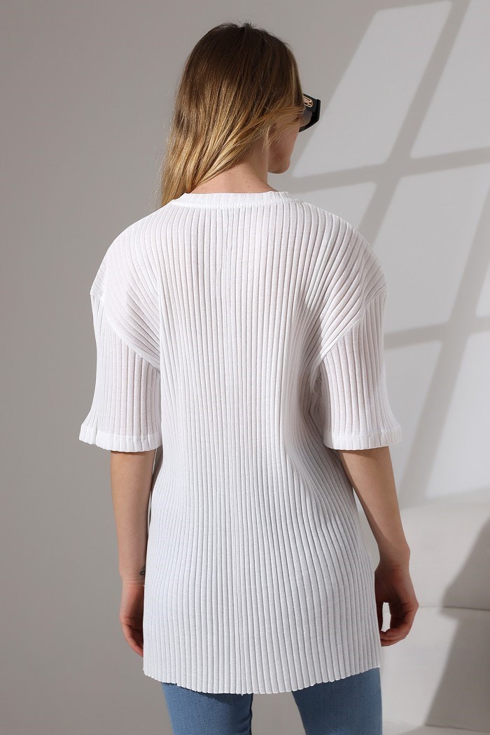 oversize yırtmaçlı bisiklet yaka tunik beyaz