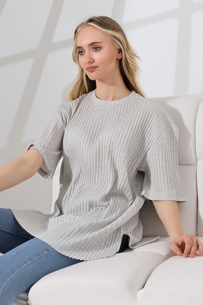 oversize yırtmaçlı bisiklet yaka tunik KARMELANJ