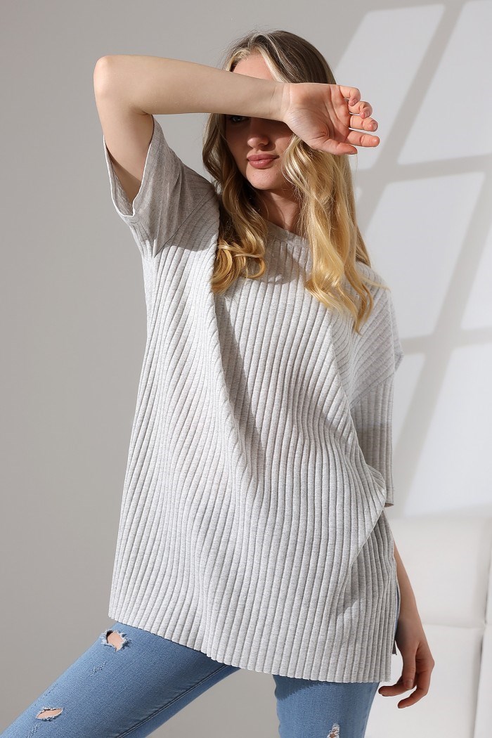 oversize yırtmaçlı bisiklet yaka tunik KARMELANJ
