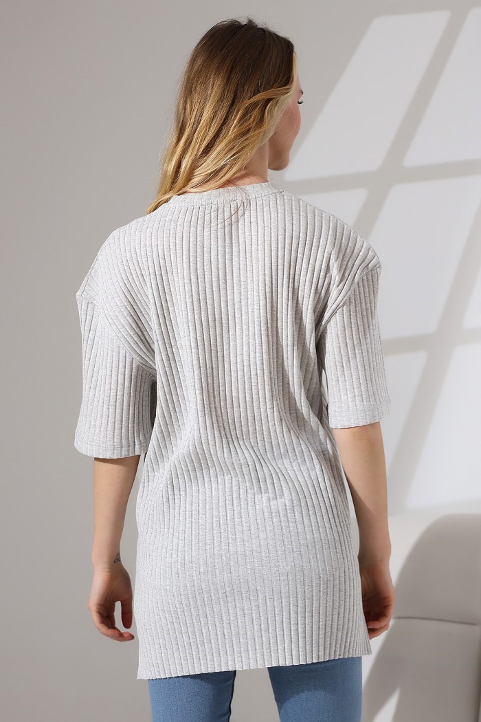 oversize yırtmaçlı bisiklet yaka tunik KARMELANJ