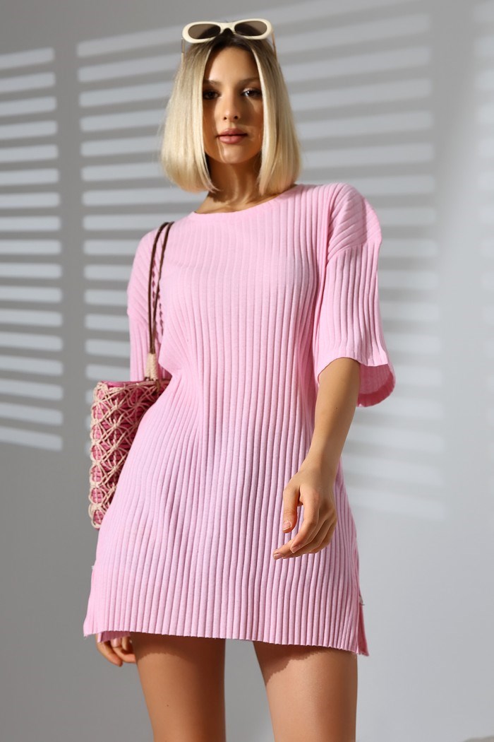 oversize yırtmaçlı bisiklet yaka tunik pembe