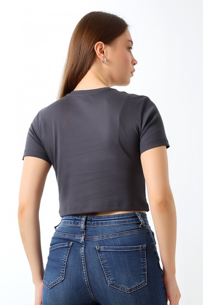 Bisiklet yaka crop tişört füme (koyu gri)