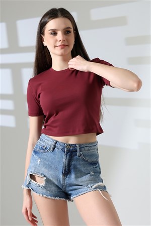 Bisiklet yaka crop tişört bordo