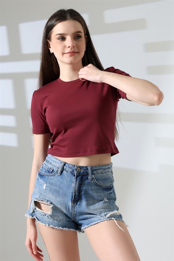 Bisiklet yaka crop tişört