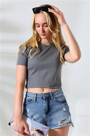 Bisiklet yaka crop tişört gri