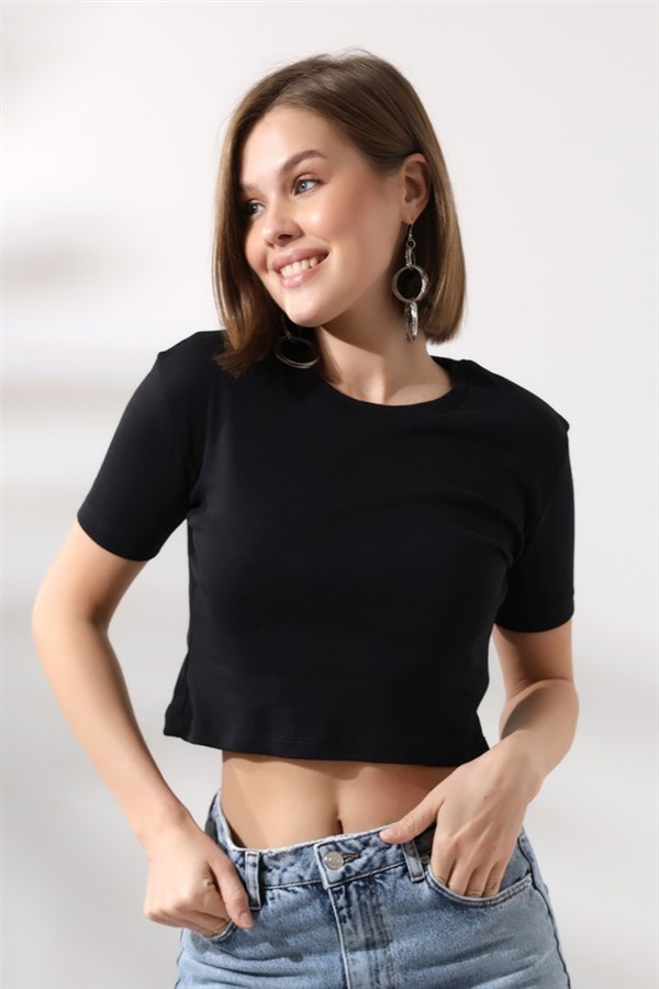 Bisiklet yaka crop tişört