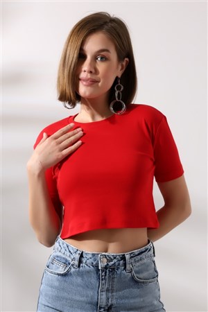 Bisiklet yaka crop tişört kırmızı