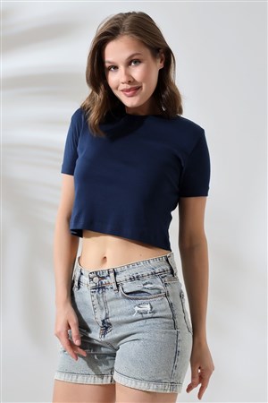 Bisiklet yaka crop tişört lacivert