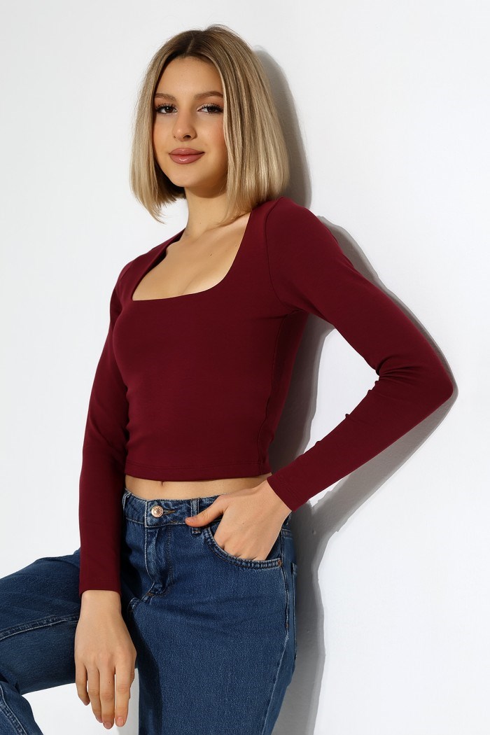 kare yaka crop tişört bordo