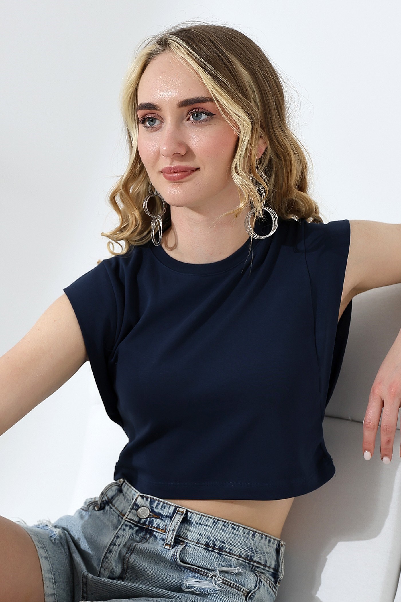 dik omuzlu ribana crop  lacivert