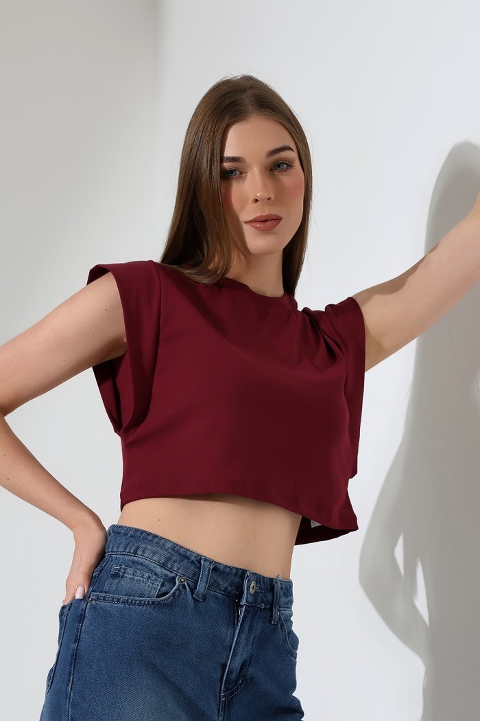 dik omuzlu ribana crop bordo