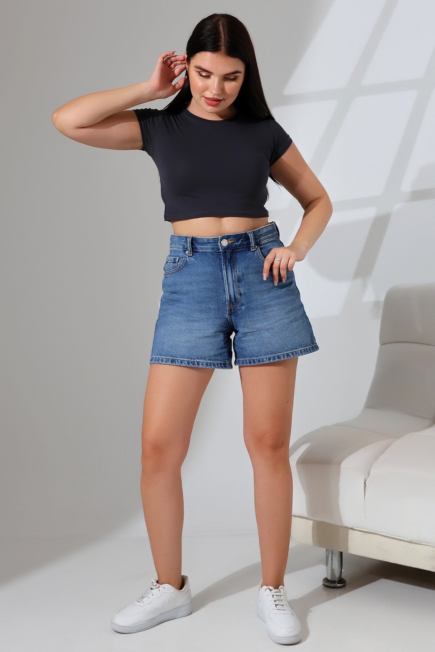 Bisiklet yaka crop body füme (koyu gri)