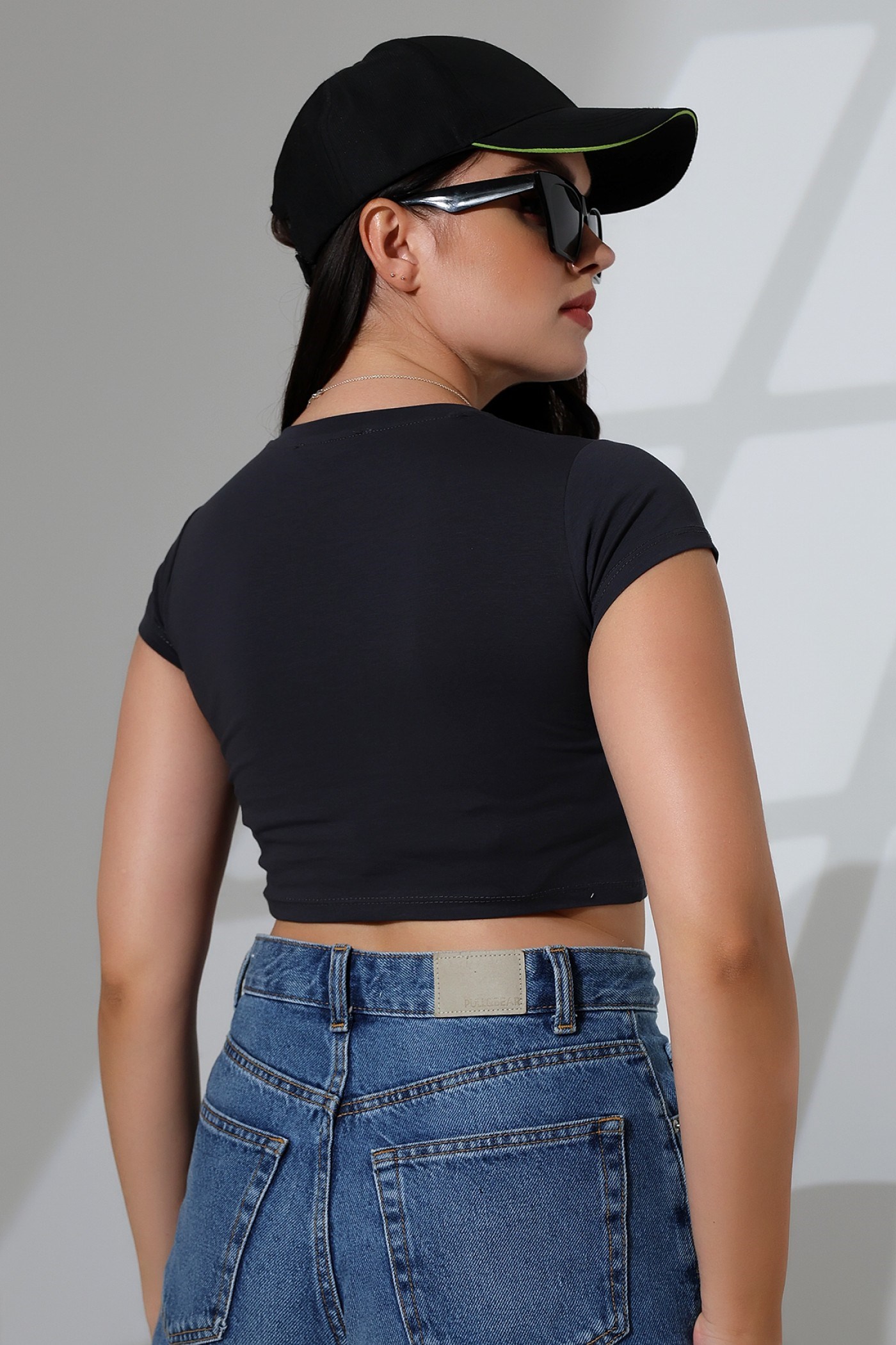 Bisiklet yaka crop body füme (koyu gri)