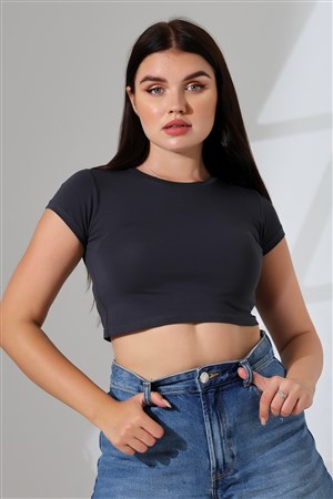 Bisiklet yaka crop body füme (koyu gri)