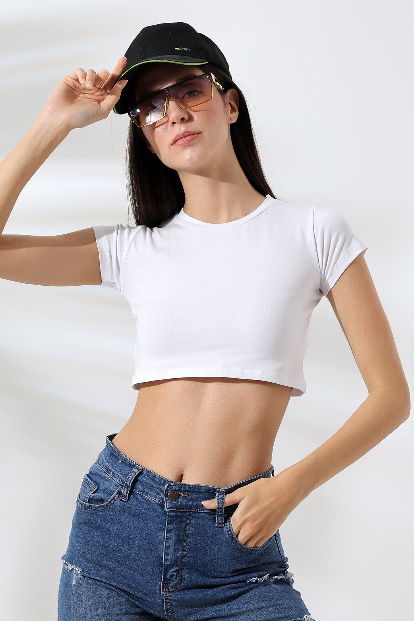 Bisiklet yaka crop body beyaz