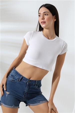 Bisiklet yaka crop body beyaz