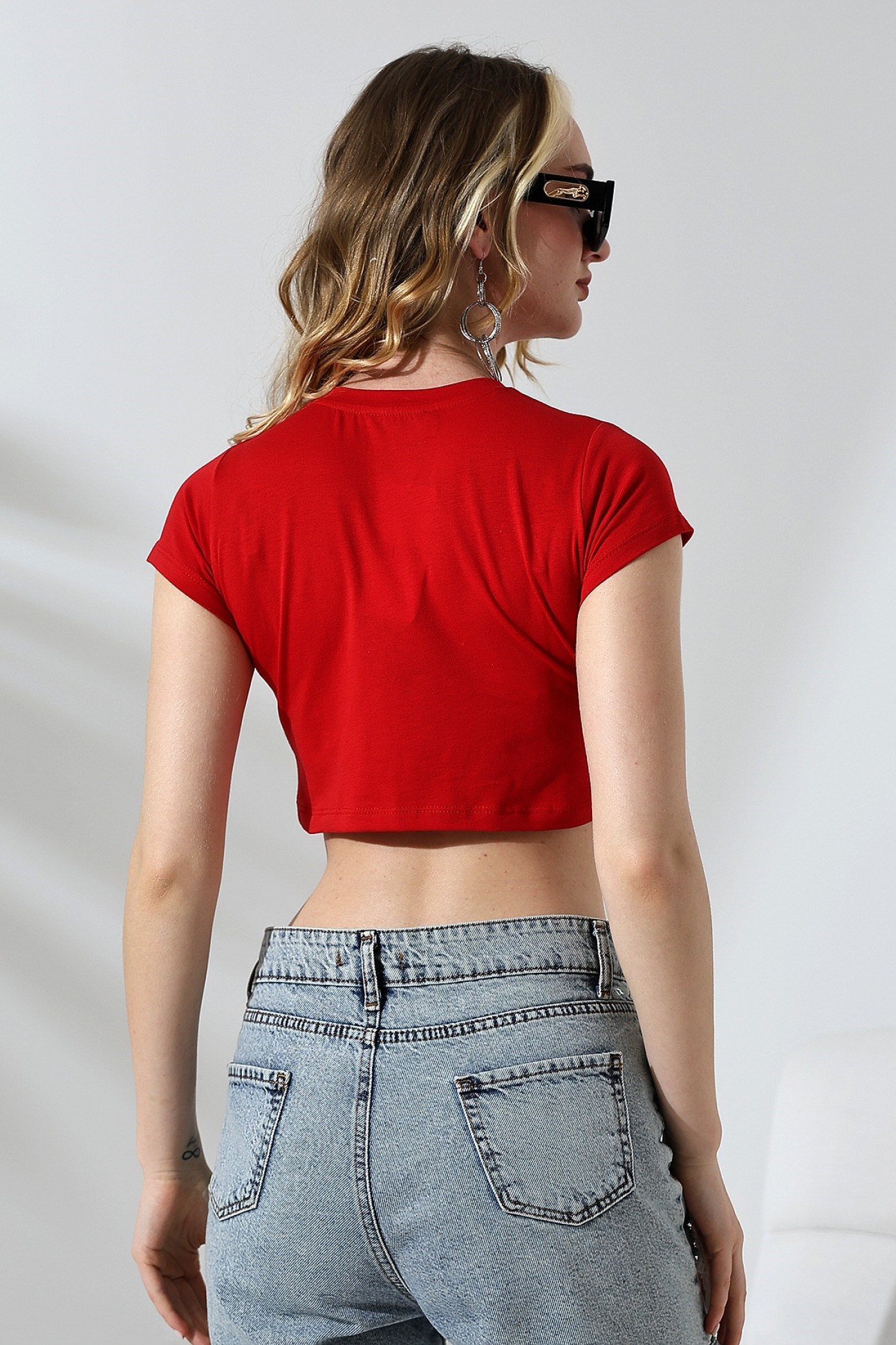 Bisiklet yaka crop body kırmızı