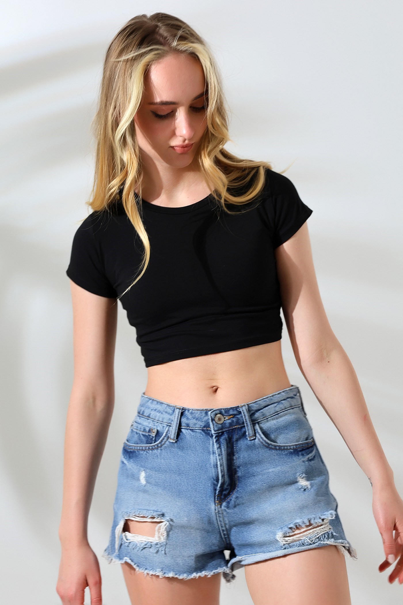 Bisiklet yaka crop body siyah
