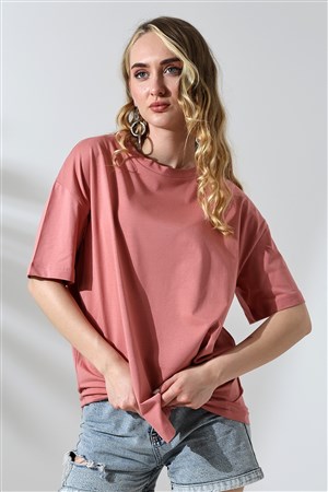 oversize bisiklet yaka pamuklu tişört soğan rengi