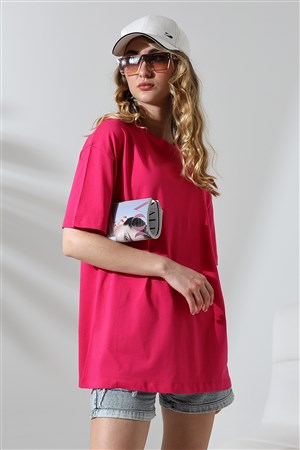 oversize bisiklet yaka pamuklu tişört fuşya