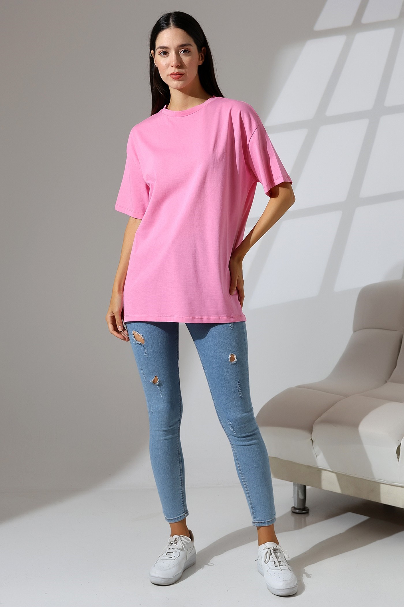 oversize bisiklet yaka pamuklu tişört pembe