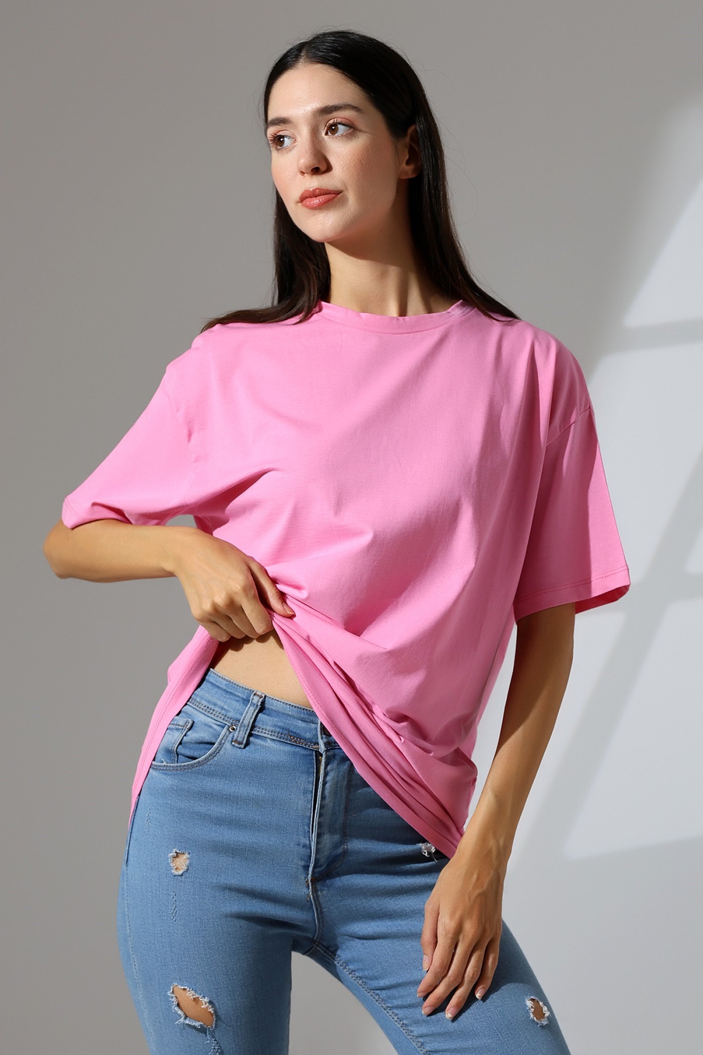 oversize bisiklet yaka pamuklu tişört pembe