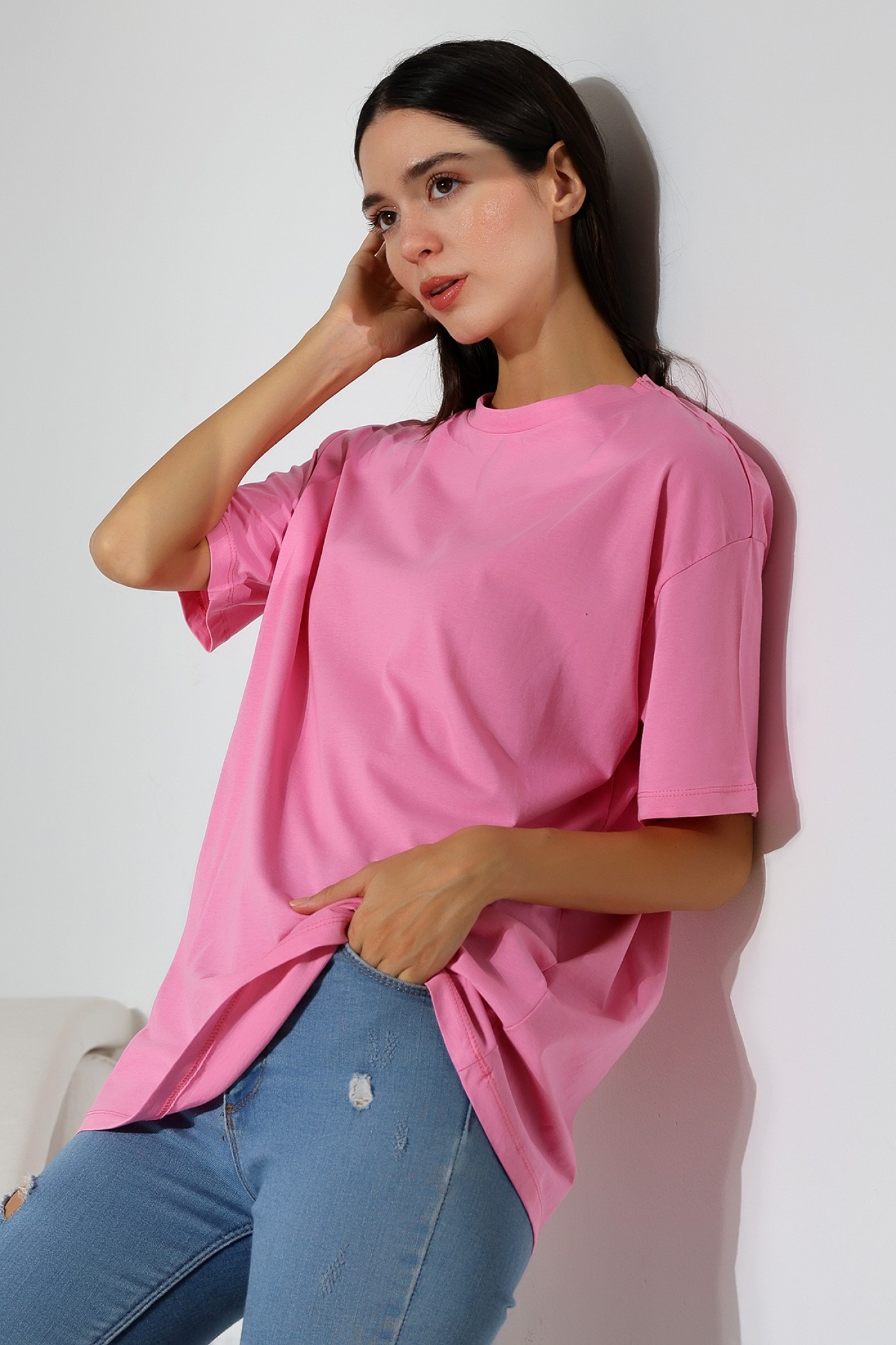 oversize bisiklet yaka pamuklu tişört pembe