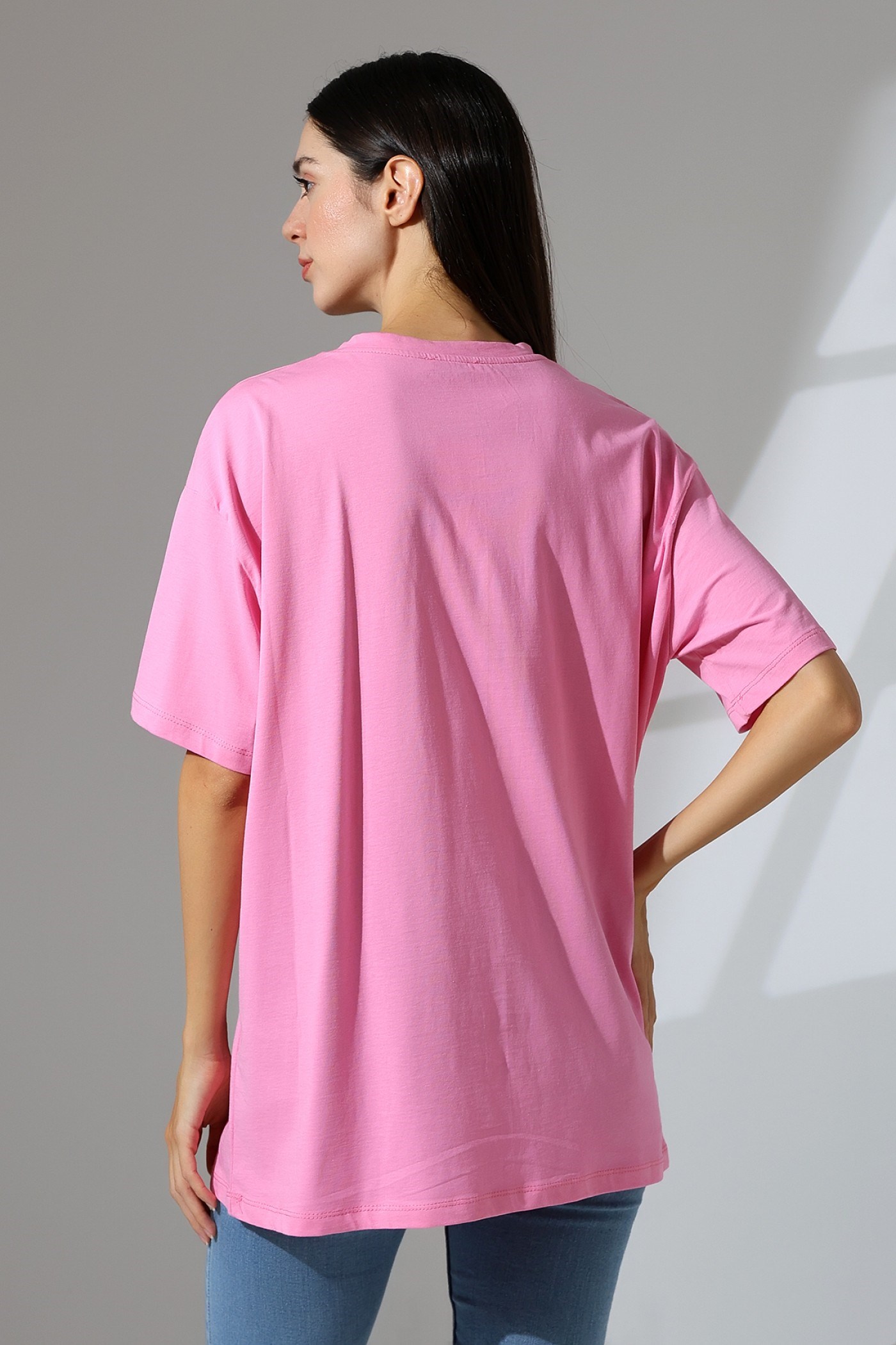 oversize bisiklet yaka pamuklu tişört pembe