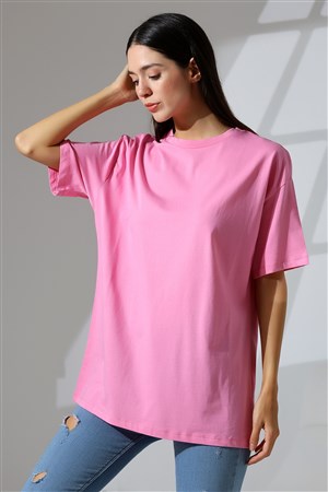 oversize bisiklet yaka pamuklu tişört pembe