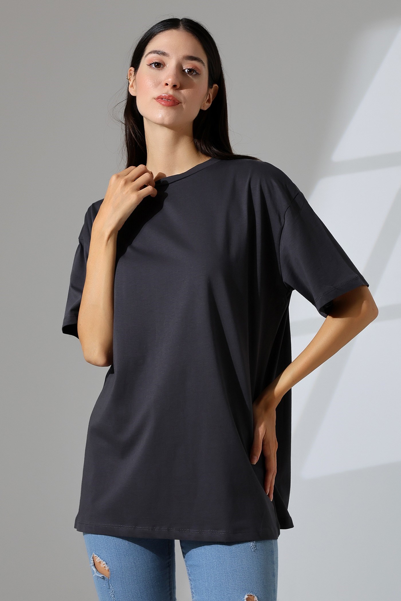oversize bisiklet yaka pamuklu tişört füme (koyu gri)