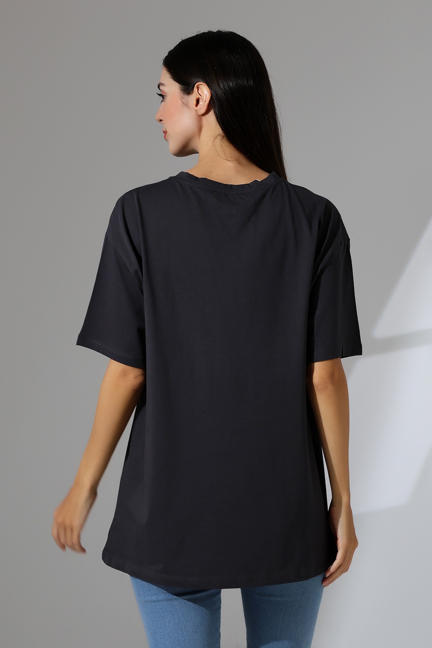oversize bisiklet yaka pamuklu tişört füme (koyu gri)