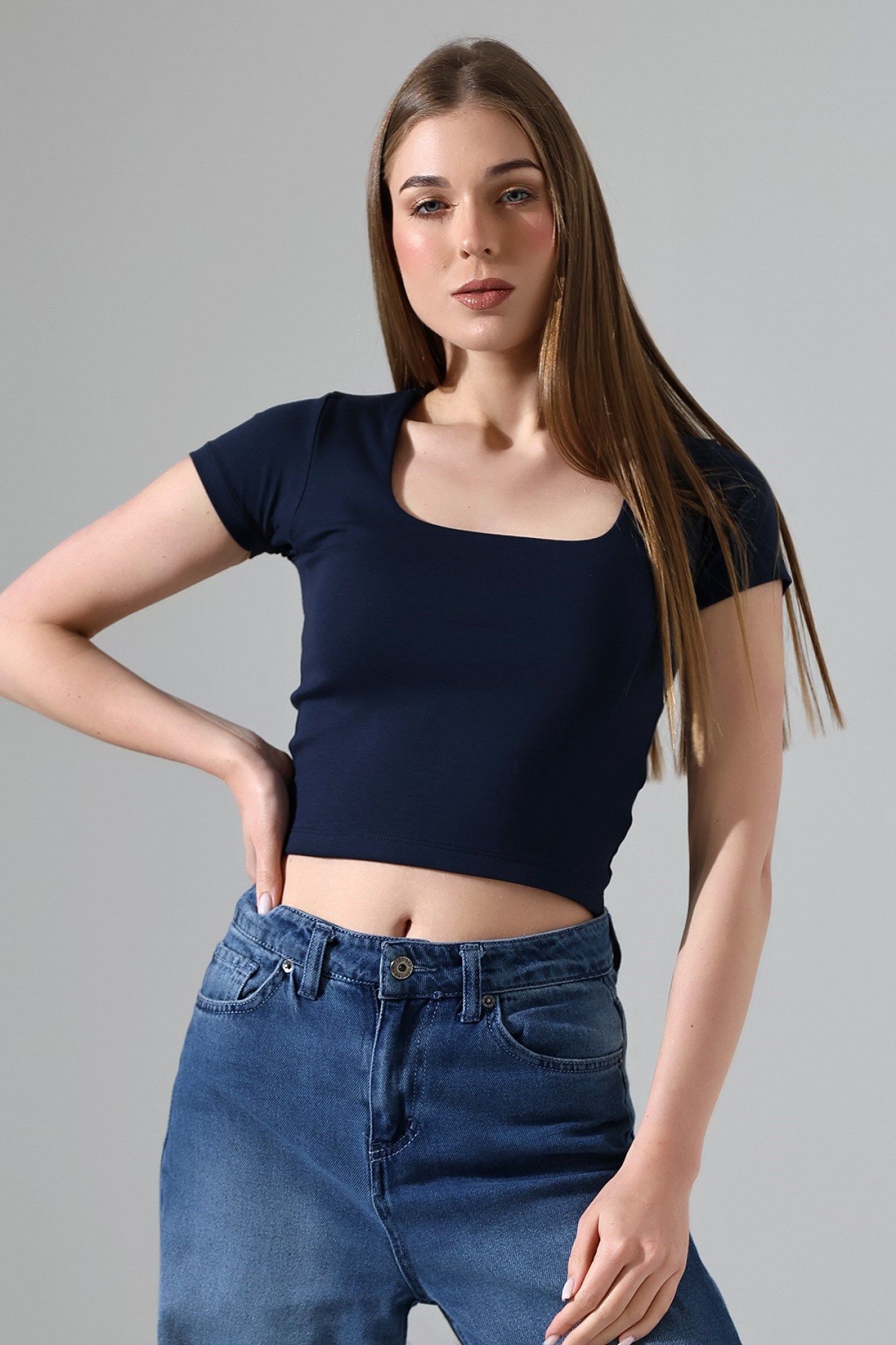 kısa kollu kare yaka body lacivert