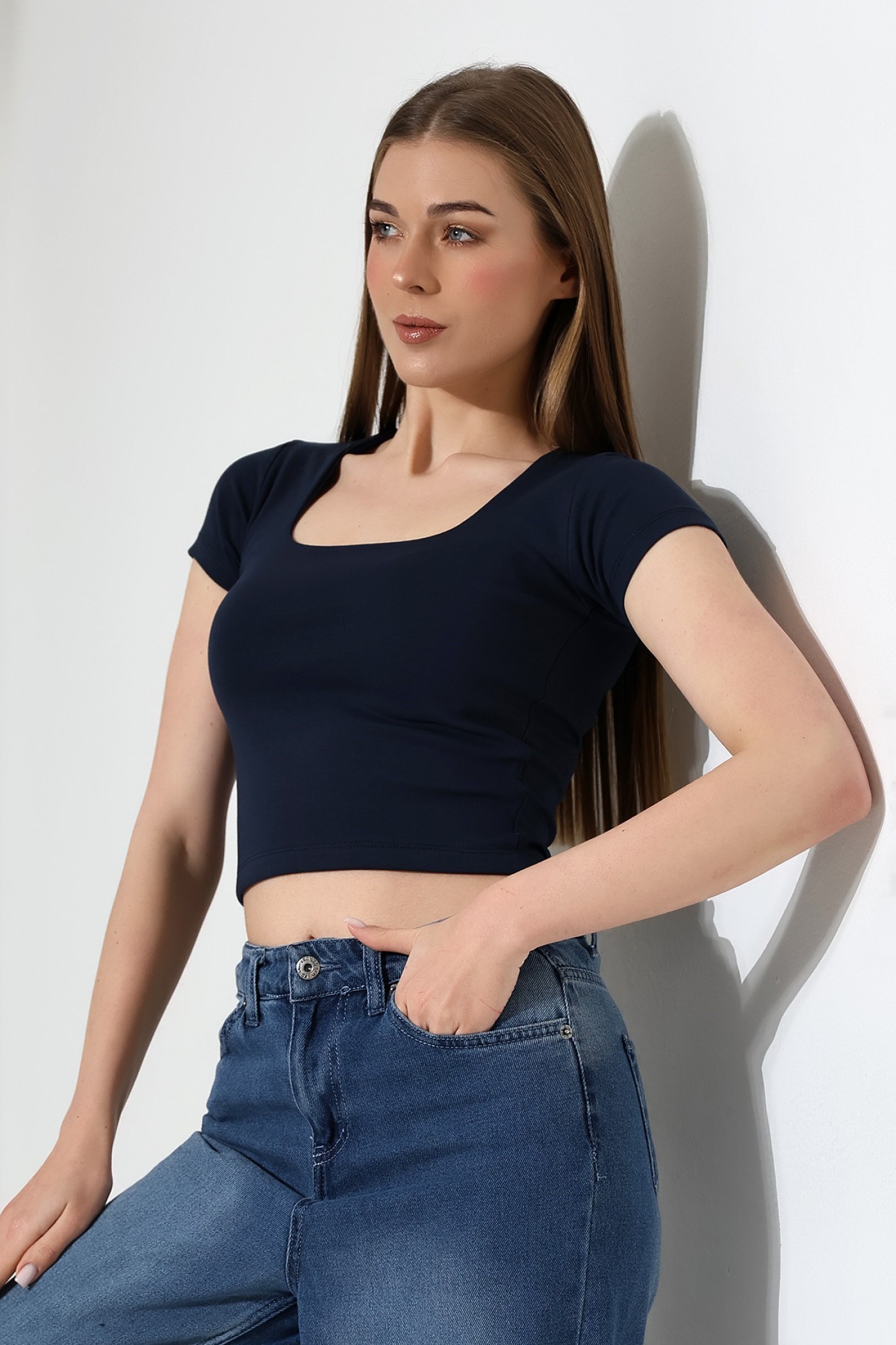 kısa kollu kare yaka body lacivert