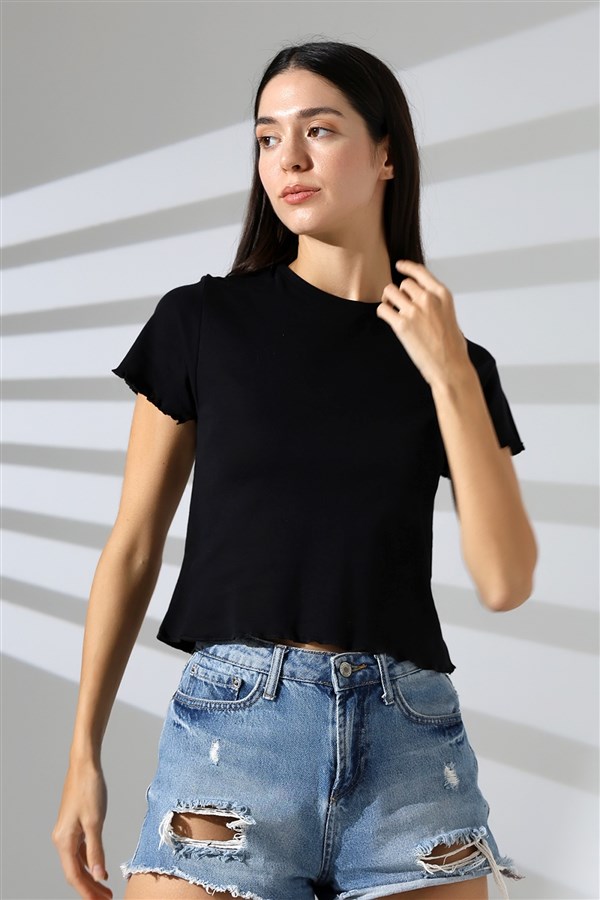 eteği büzgülü pamuklu bisiklet yaka tişört