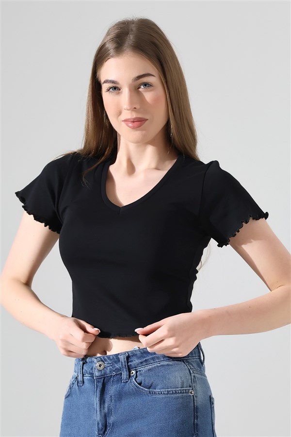 pamuklu kısa kollu eteği büzgülü v yaka tişört