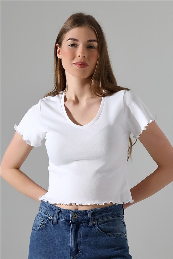 pamuklu kısa kollu eteği büzgülü v yaka tişört