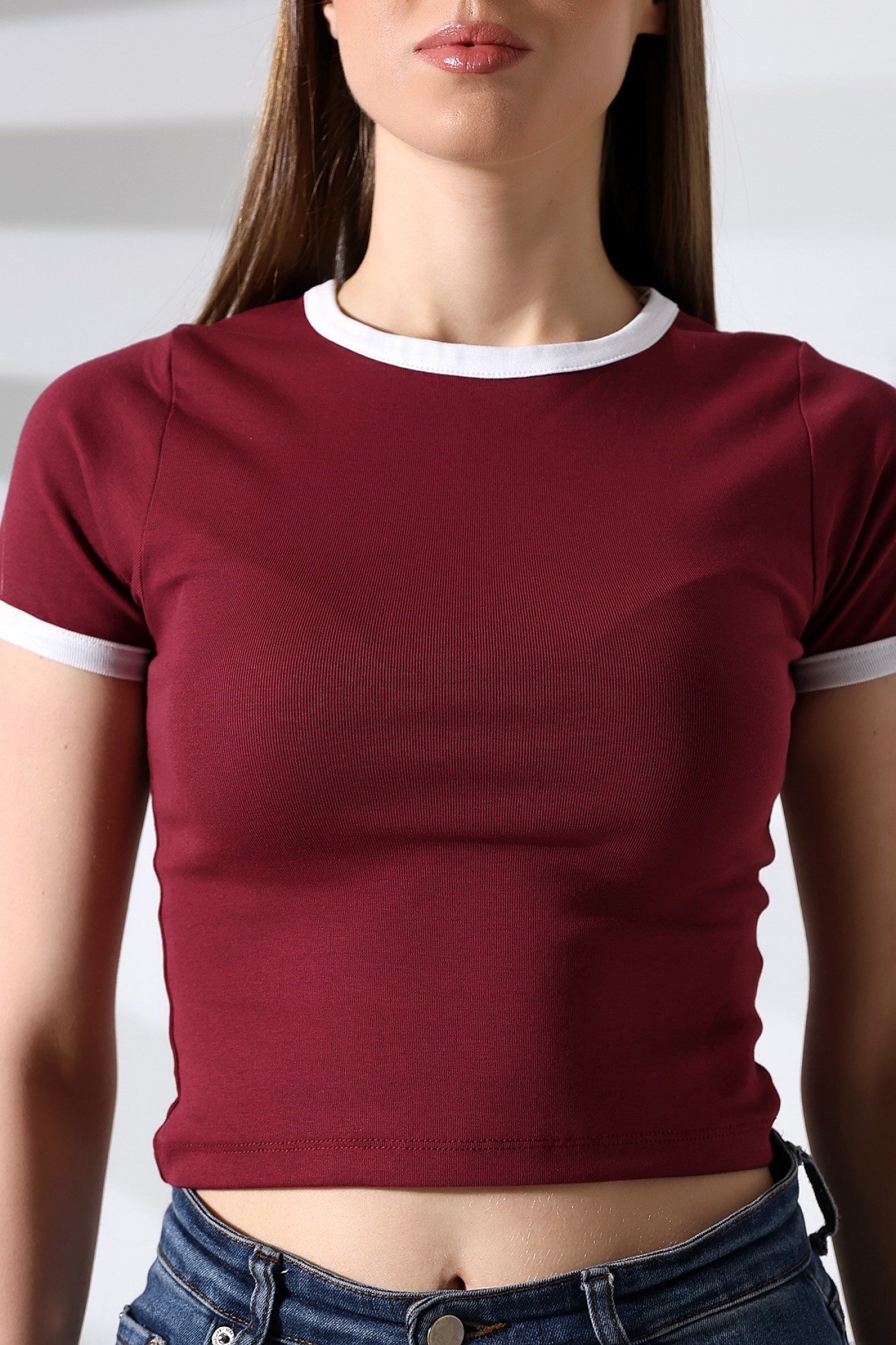 garnili bisiklet yaka tişört bordo